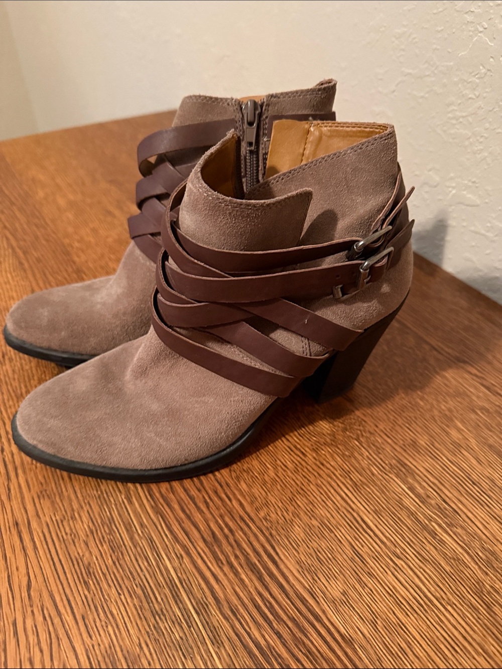 Lucky Brand Taupe Suede Ankle Boots with Brown Strap Wraps